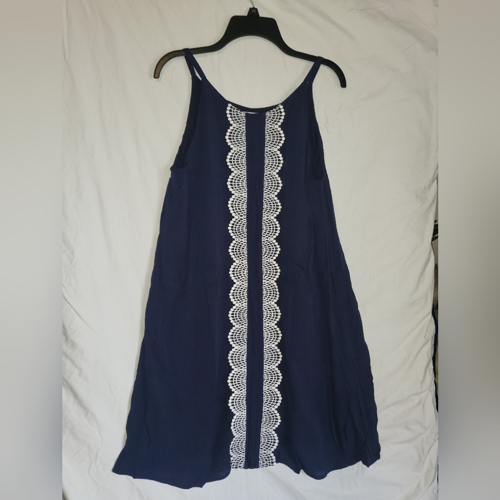 Navy Blue Dress with White Lace Detail